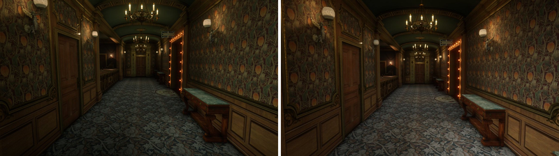 How a hallway appears in version 1.0 (left), compared to version 1.06 (right).
